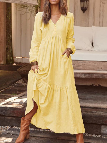 Autumn Winter Women Clothing Button Cotton Linen Retro Casual Long-Sleeved Dress Large Swing Dress Multi-Color by Ragazza