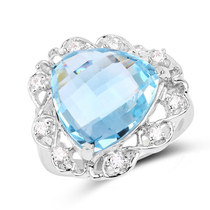 11.01 Carat Genuine Blue Topaz and White Zircon .925 Sterling Silver Ring  DestGlow