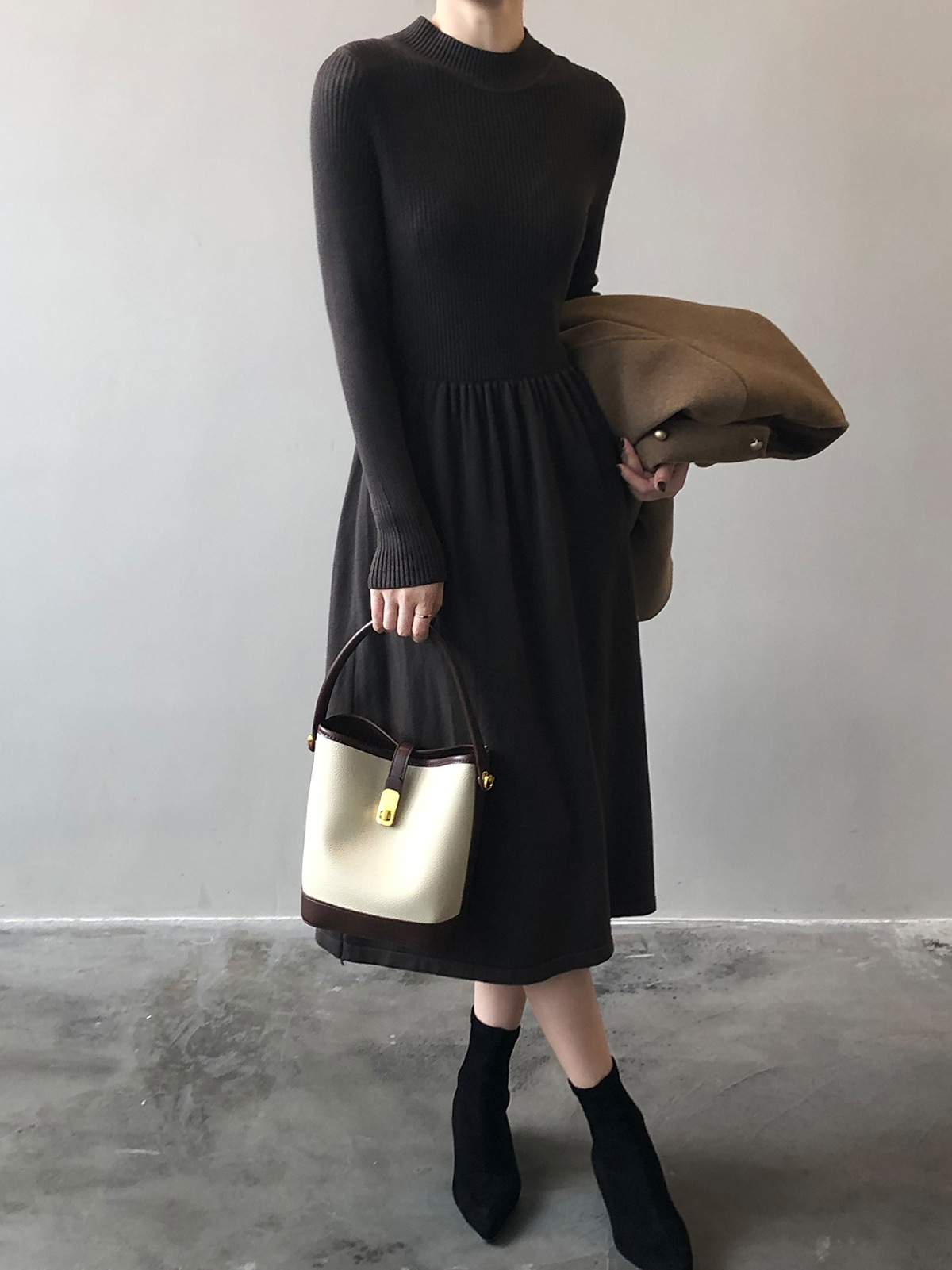 Autumn Winter Half High Collar Swing Long Knitted Dress Waist Controlled Slimming Long Sleeve Simple Dinified Sweater Bottoming Women by Ragazza