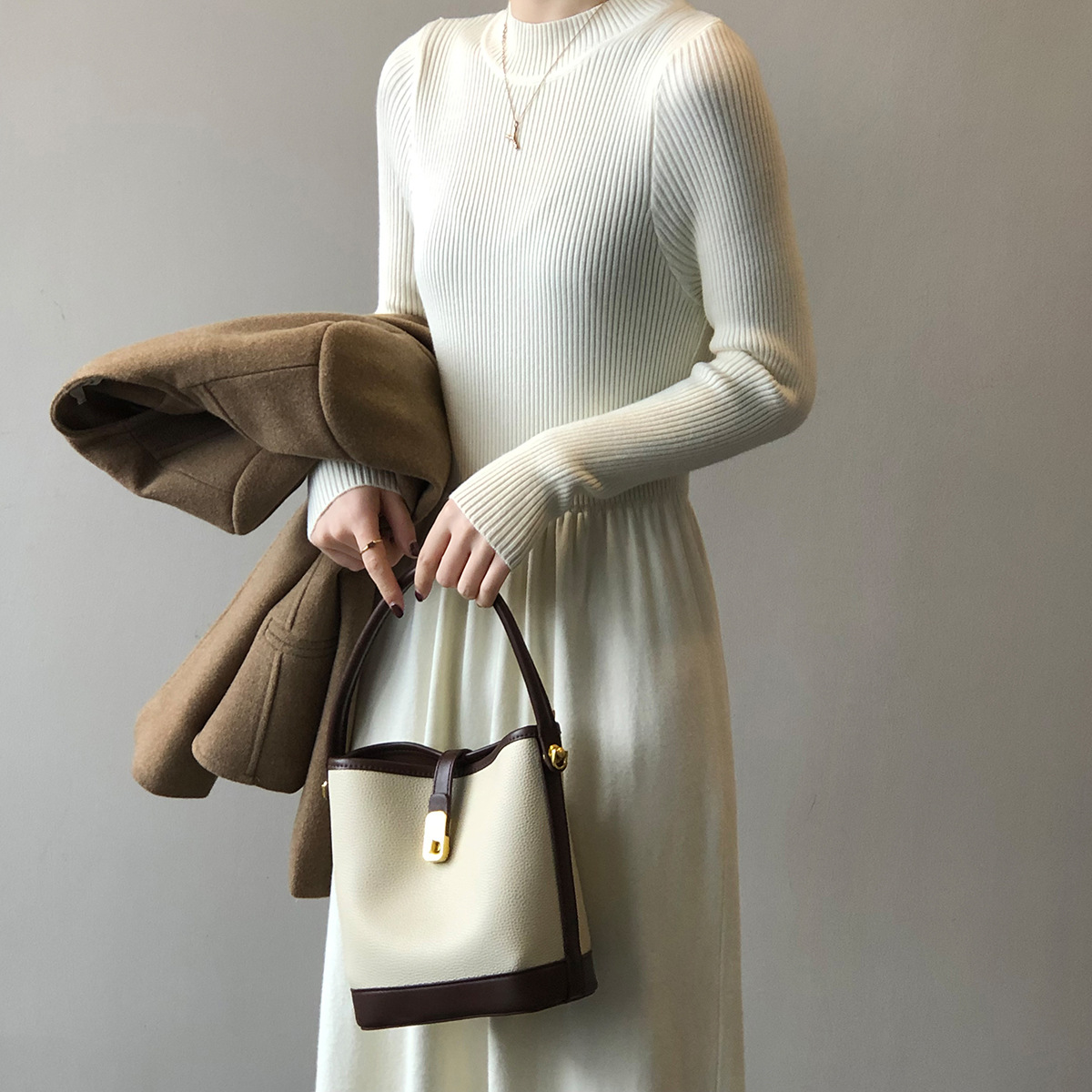 Autumn Winter Half High Collar Swing Long Knitted Dress Waist Controlled Slimming Long Sleeve Simple Dinified Sweater Bottoming Women by Ragazza