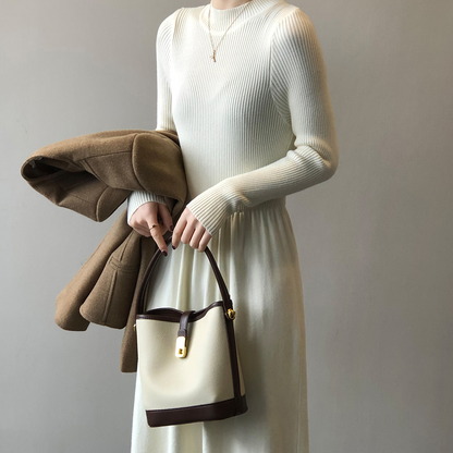 Autumn Winter Half High Collar Swing Long Knitted Dress Waist Controlled Slimming Long Sleeve Simple Dinified Sweater Bottoming Women by Ragazza