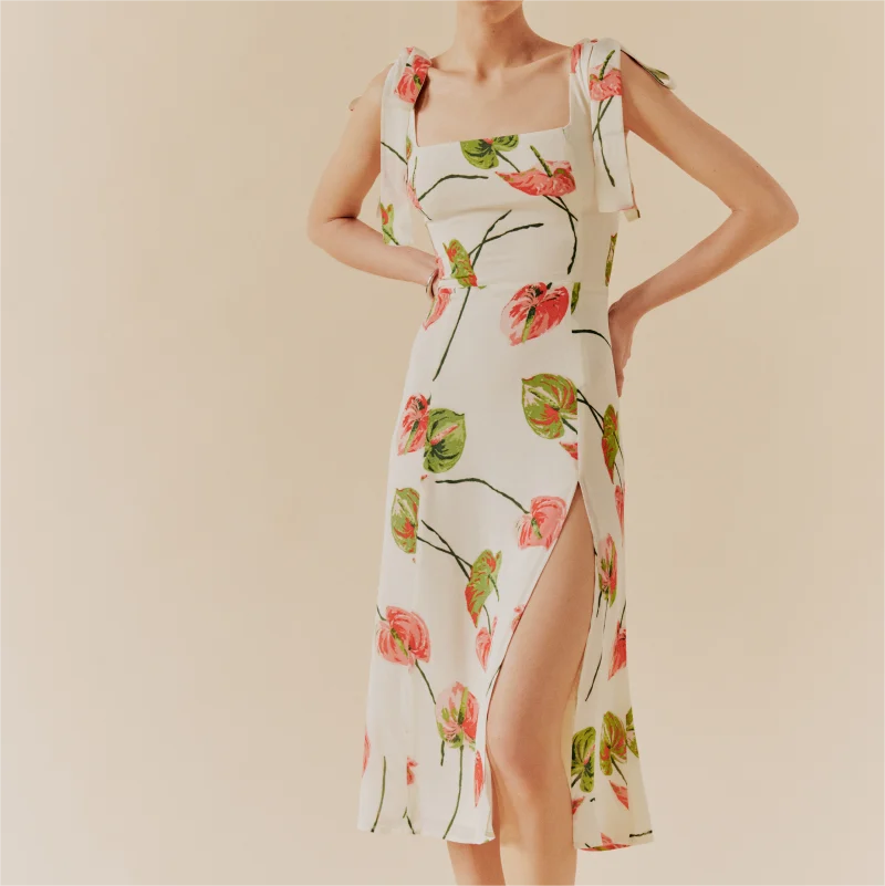 Summer French Elegant Pastoral Printed High Slit Strap Dress Women Tube Top Mid Length Dress by Ragazza