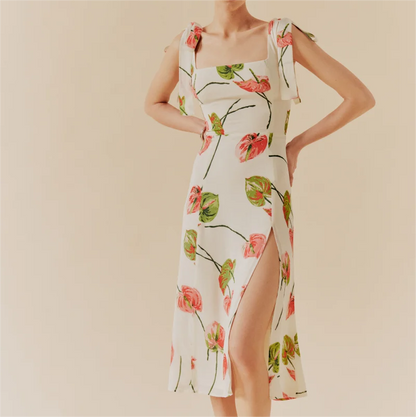 Summer French Elegant Pastoral Printed High Slit Strap Dress Women Tube Top Mid Length Dress by Ragazza