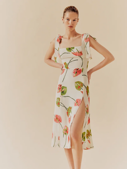 Summer French Elegant Pastoral Printed High Slit Strap Dress Women Tube Top Mid Length Dress by Ragazza