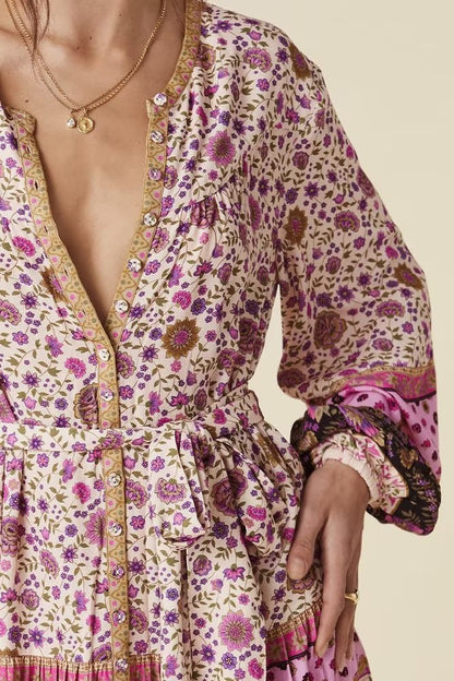 Watermark Positioning Floral Waistband Loose Mid Size Dress by Ragazza