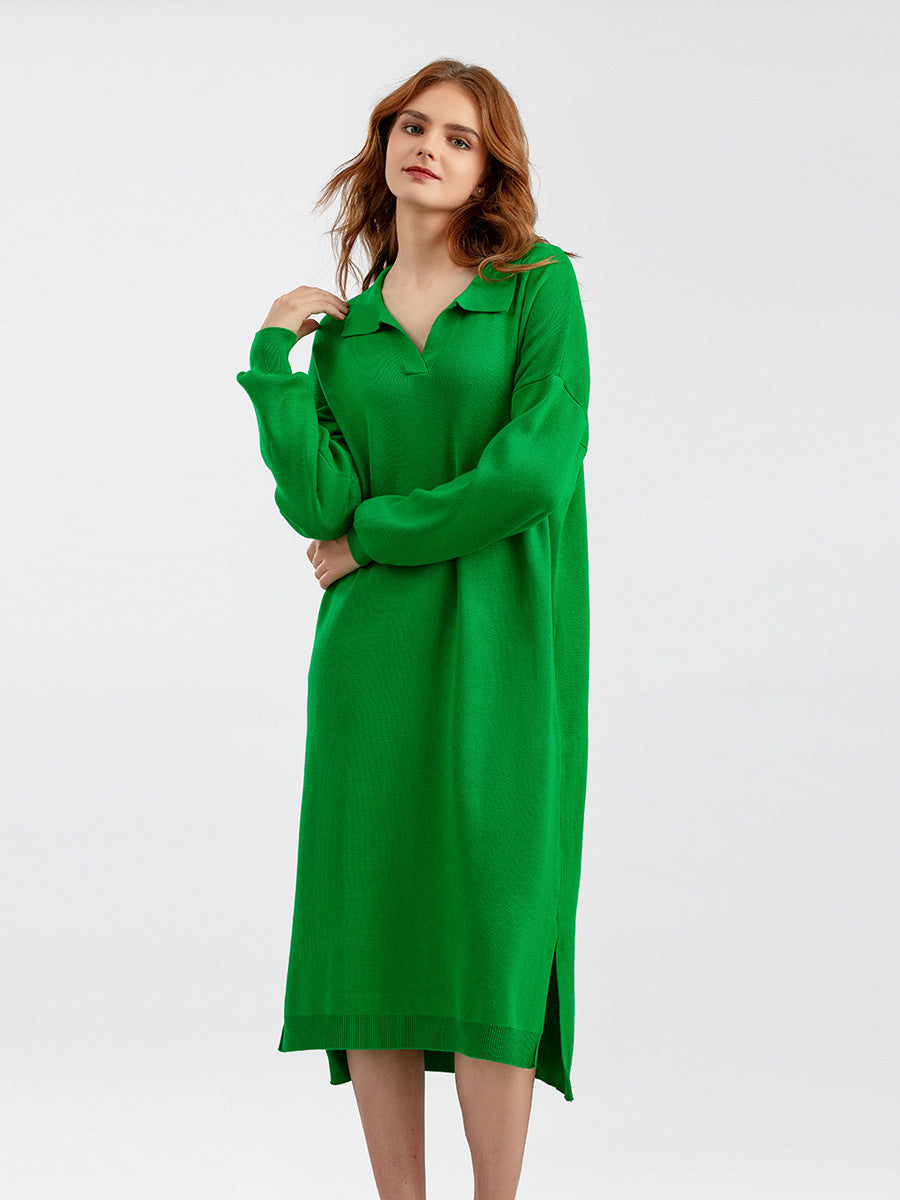 Autumn Winter Polo Collar Base Knitting Loose Solid Color Women Dress by Ragazza