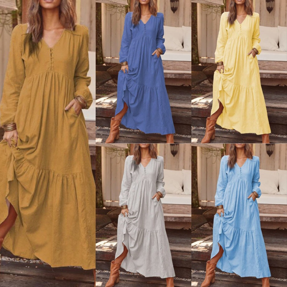 Autumn Winter Women Clothing Button Cotton Linen Retro Casual Long-Sleeved Dress Large Swing Dress Multi-Color by Ragazza