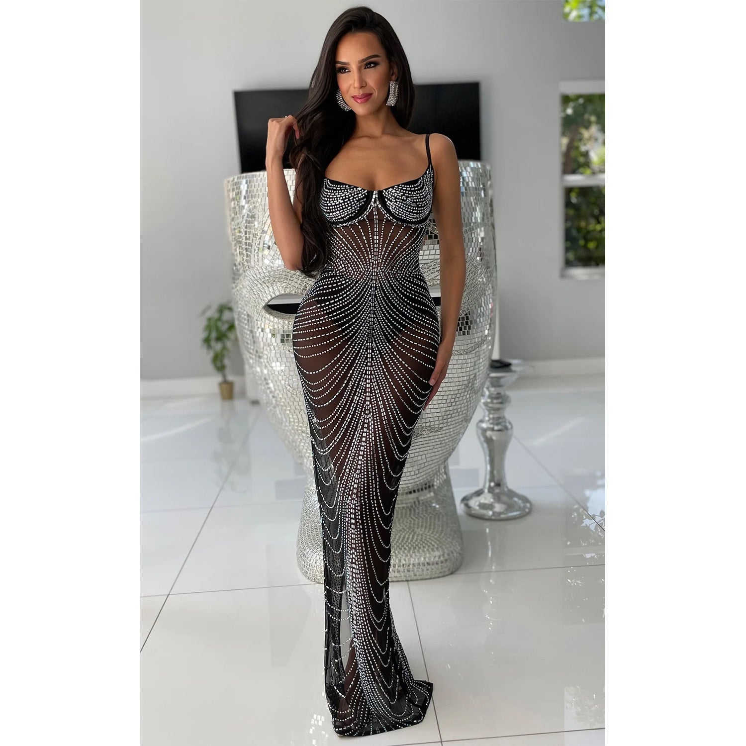 Women Wear Solid Color Mesh Drilling Sling Maxi Dress by Ragazza