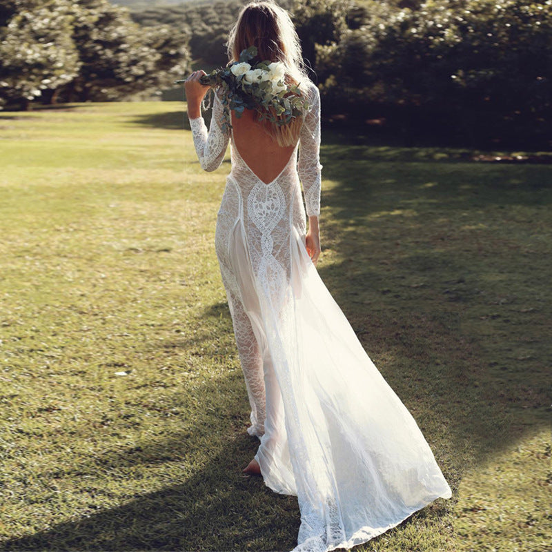 Fall Women Clothing Dress Long Sleeve Lace Sexy Backless Mopping Wedding Dress Formal Dress by Ragazza
