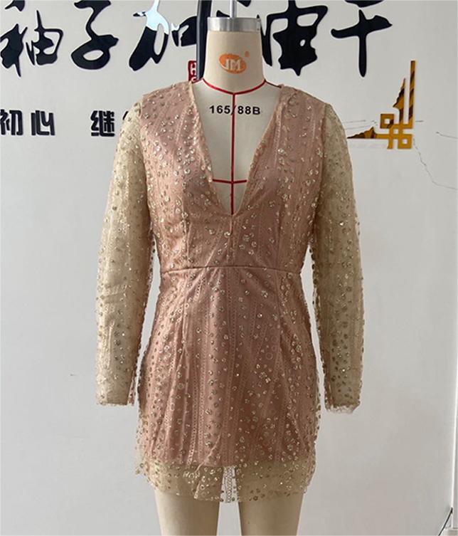 Women Clothing Dress Deep V Plunge See through Long Sleeve Short Dress Gold Dress by Ragazza