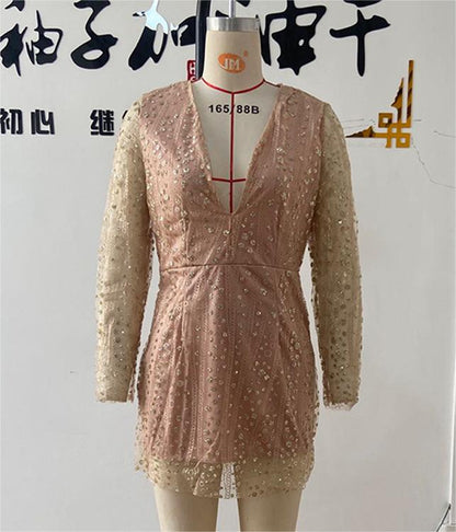 Women Clothing Dress Deep V Plunge See through Long Sleeve Short Dress Gold Dress by Ragazza