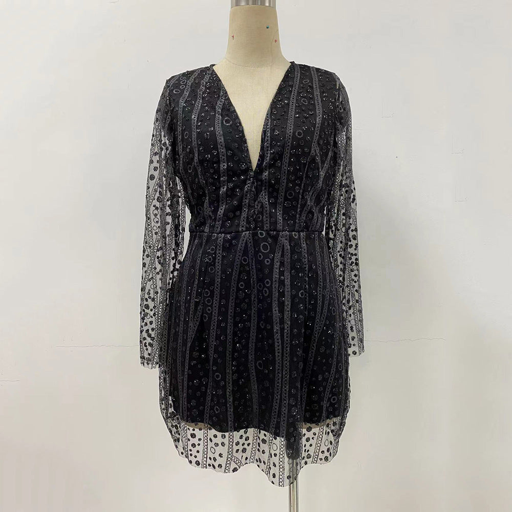 Women Clothing Dress Deep V Plunge See through Long Sleeve Short Dress Gold Dress by Ragazza