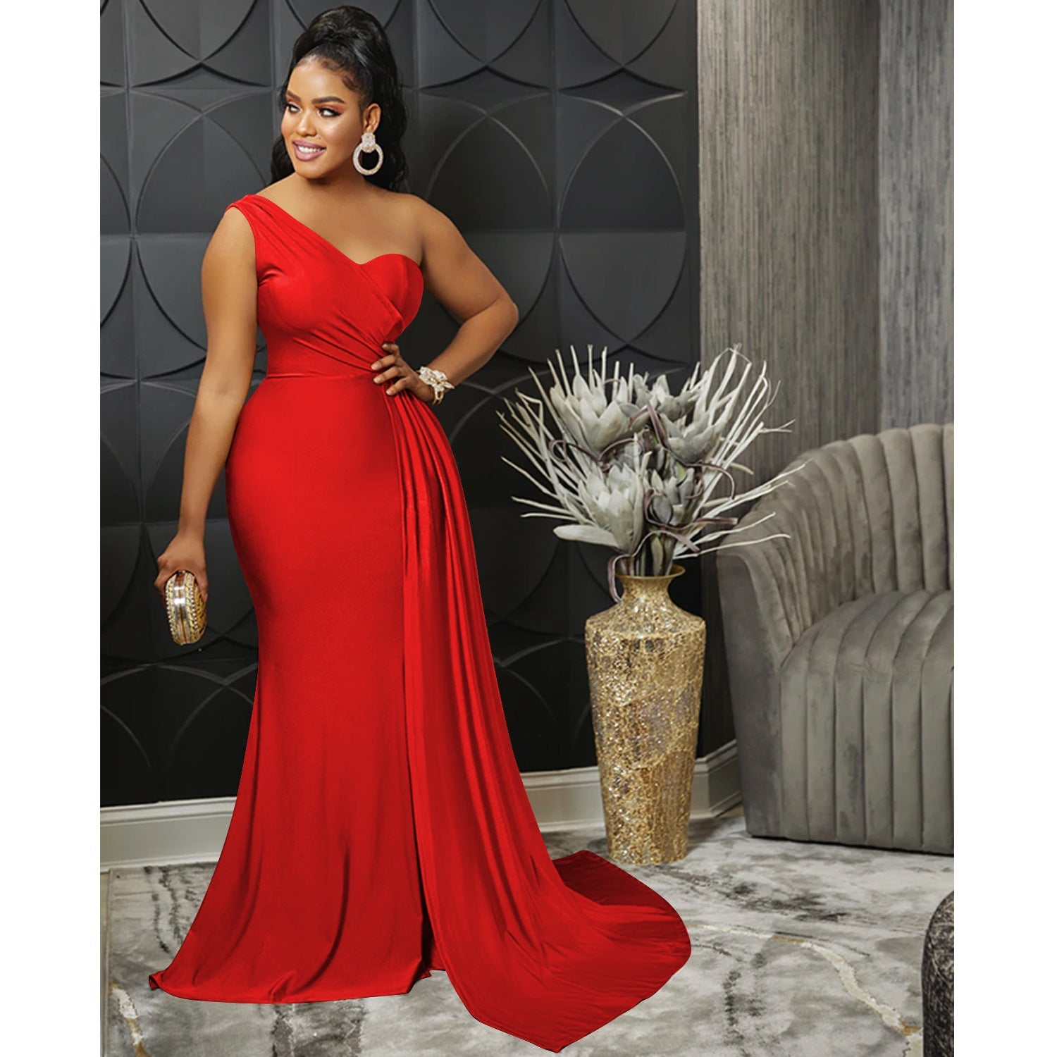 Solid Color Party Tight One Shoulder Sleeve Dress Maxi Dress Women by Ragazza