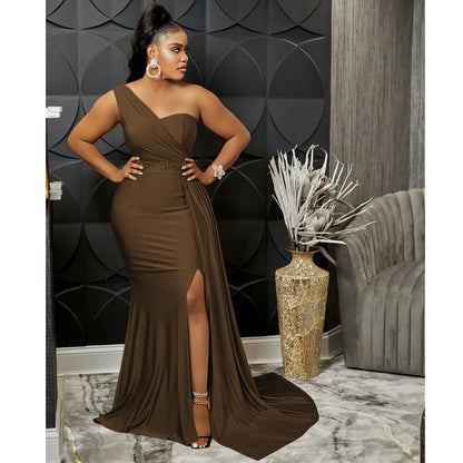 Solid Color Party Tight One Shoulder Sleeve Dress Maxi Dress Women by Ragazza