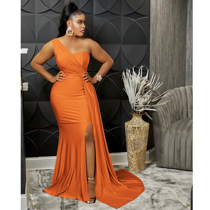 Solid Color Party Tight One Shoulder Sleeve Dress Maxi Dress Women by Ragazza