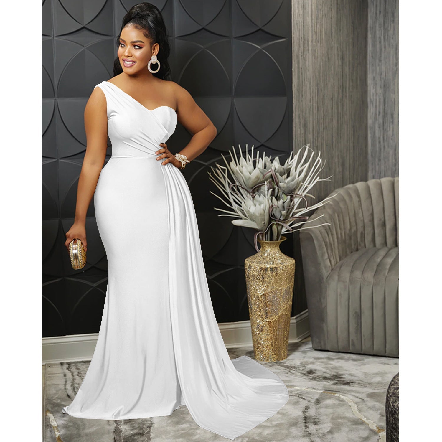 Solid Color Party Tight One Shoulder Sleeve Dress Maxi Dress Women by Ragazza