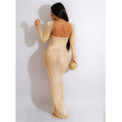 Women Wear Rhinestone Mesh See through Long Sleeve Dress by Ragazza
