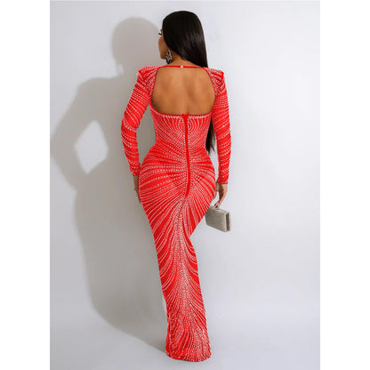 Women Wear Rhinestone Mesh See through Long Sleeve Dress by Ragazza