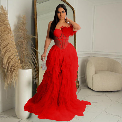 Women Wear Solid Color Sleeveless Corset Mesh Maxi Dress Dress 
