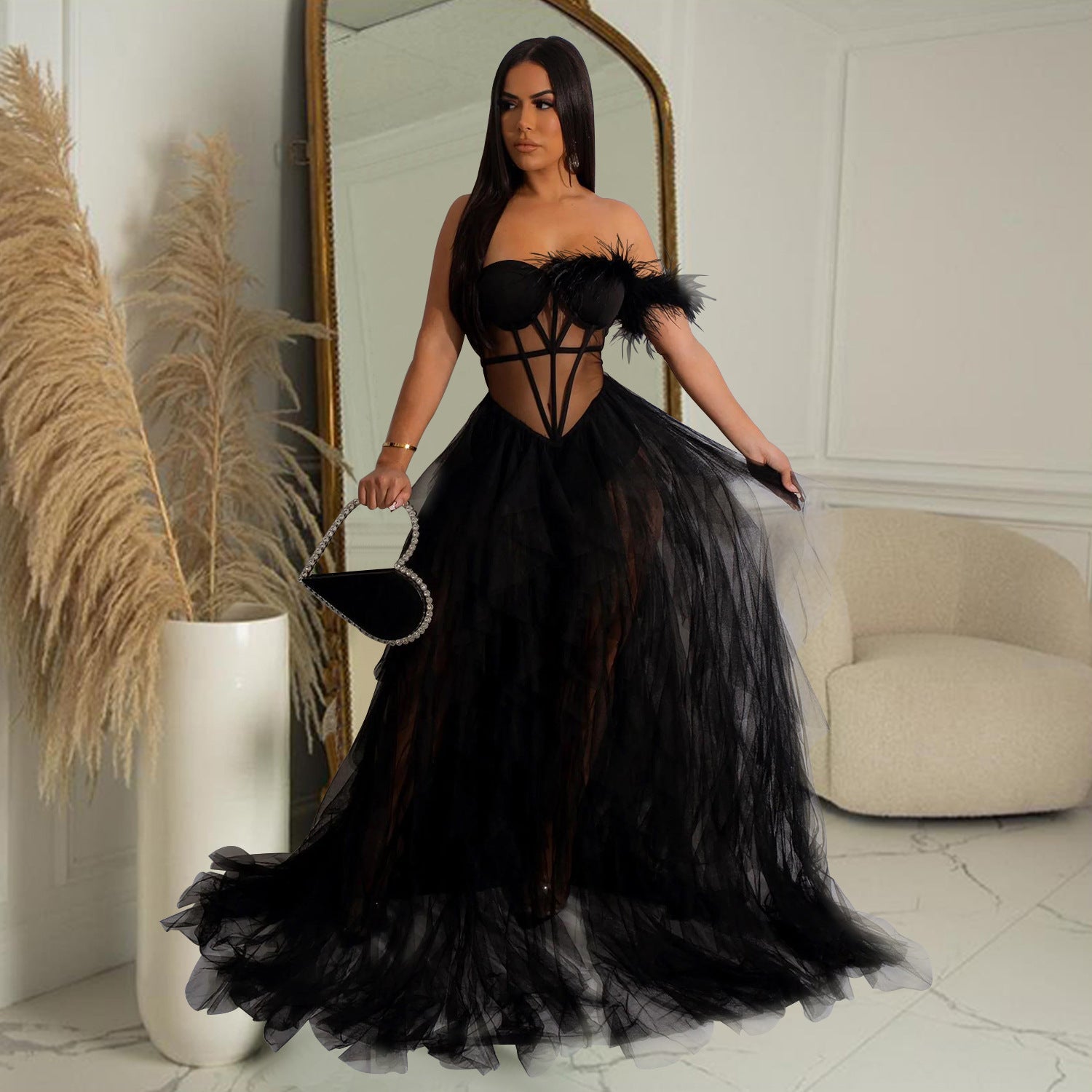 Women Wear Solid Color Sleeveless Corset Mesh Maxi Dress Dress 