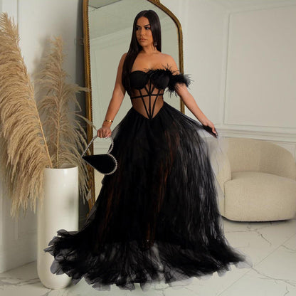 Women Wear Solid Color Sleeveless Corset Mesh Maxi Dress Dress 