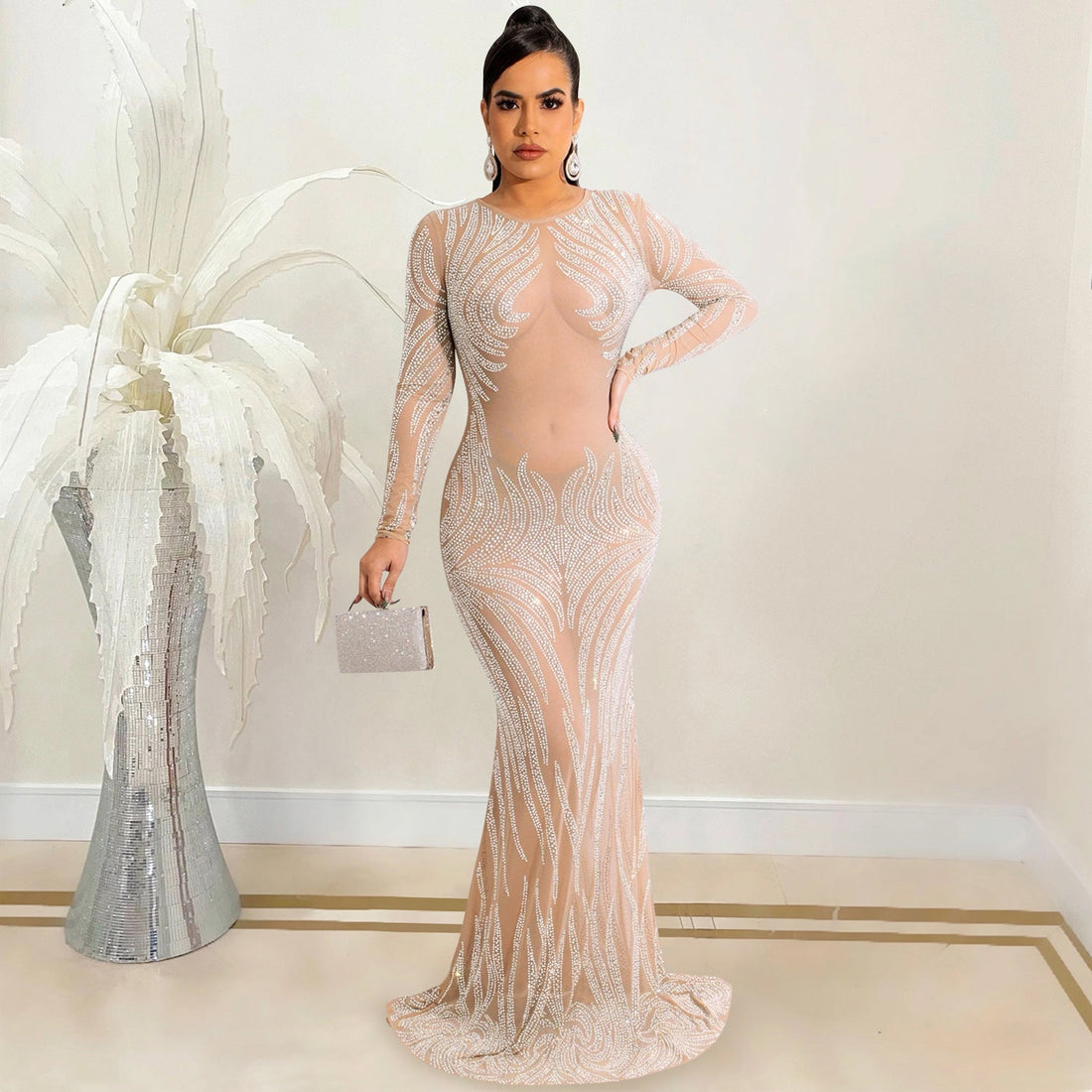 Night Club Sexy Rhinestone Mesh See through Long Sleeve Dress Dress Women by Ragazza