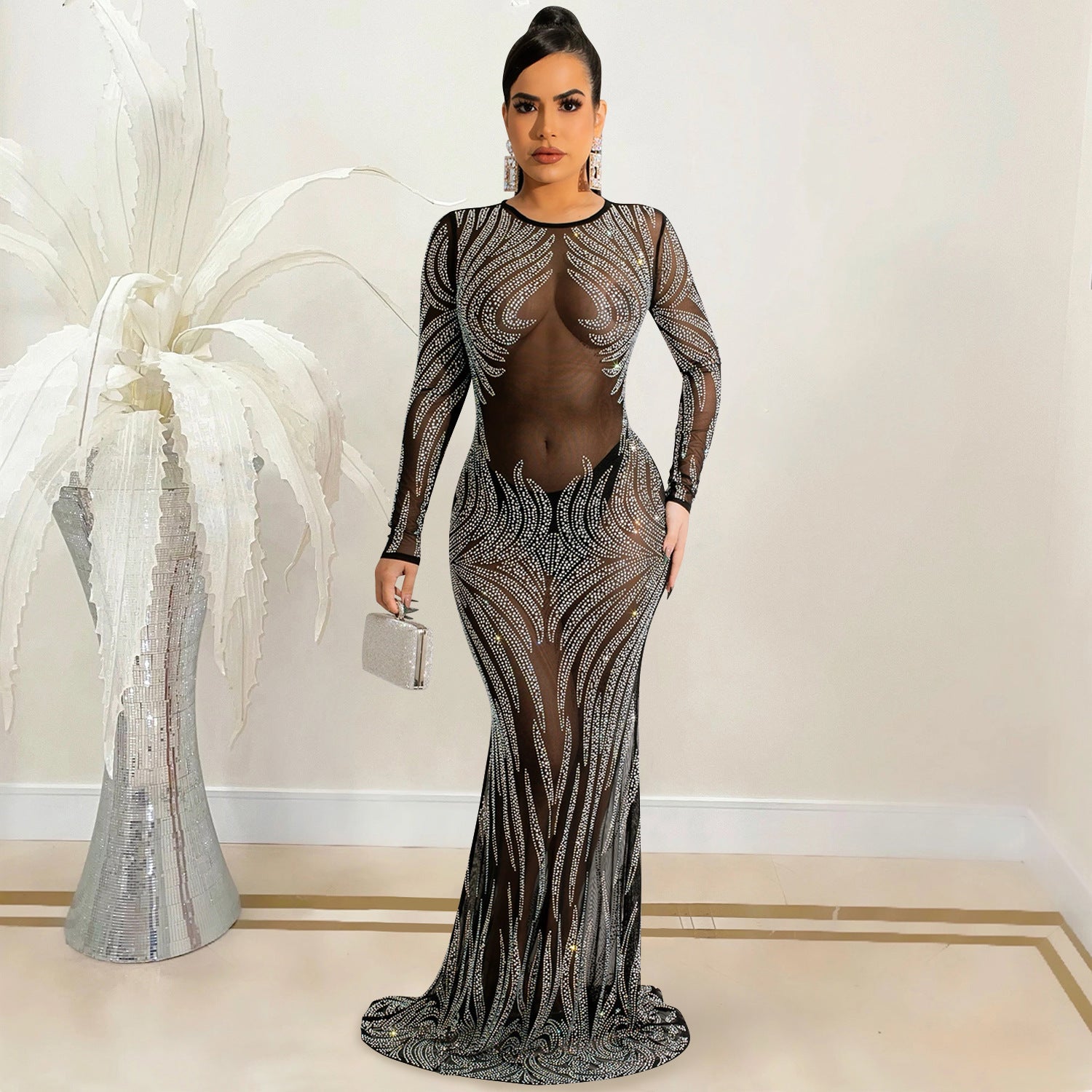 Night Club Sexy Rhinestone Mesh See through Long Sleeve Dress Dress Women by Ragazza