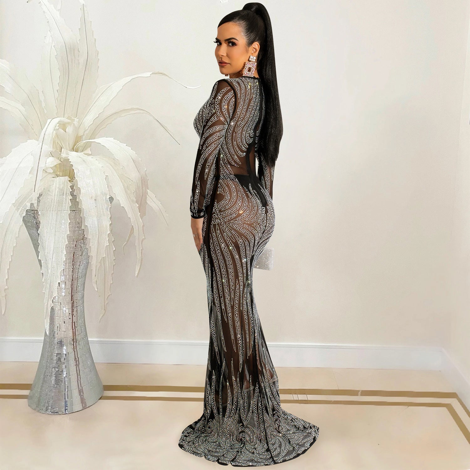 Night Club Sexy Rhinestone Mesh See through Long Sleeve Dress Dress Women by Ragazza
