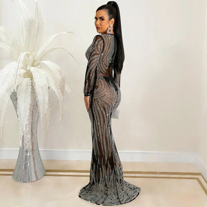 Night Club Sexy Rhinestone Mesh See through Long Sleeve Dress Dress Women by Ragazza