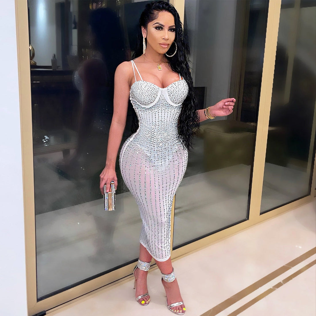 Women Wear Party Nightclub Mesh See through Rhinestone Diamond Strap Dress by Ragazza