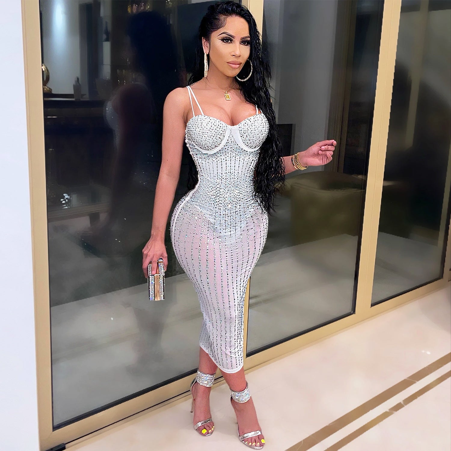 Women Wear Party Nightclub Mesh See through Rhinestone Diamond Strap Dress by Ragazza