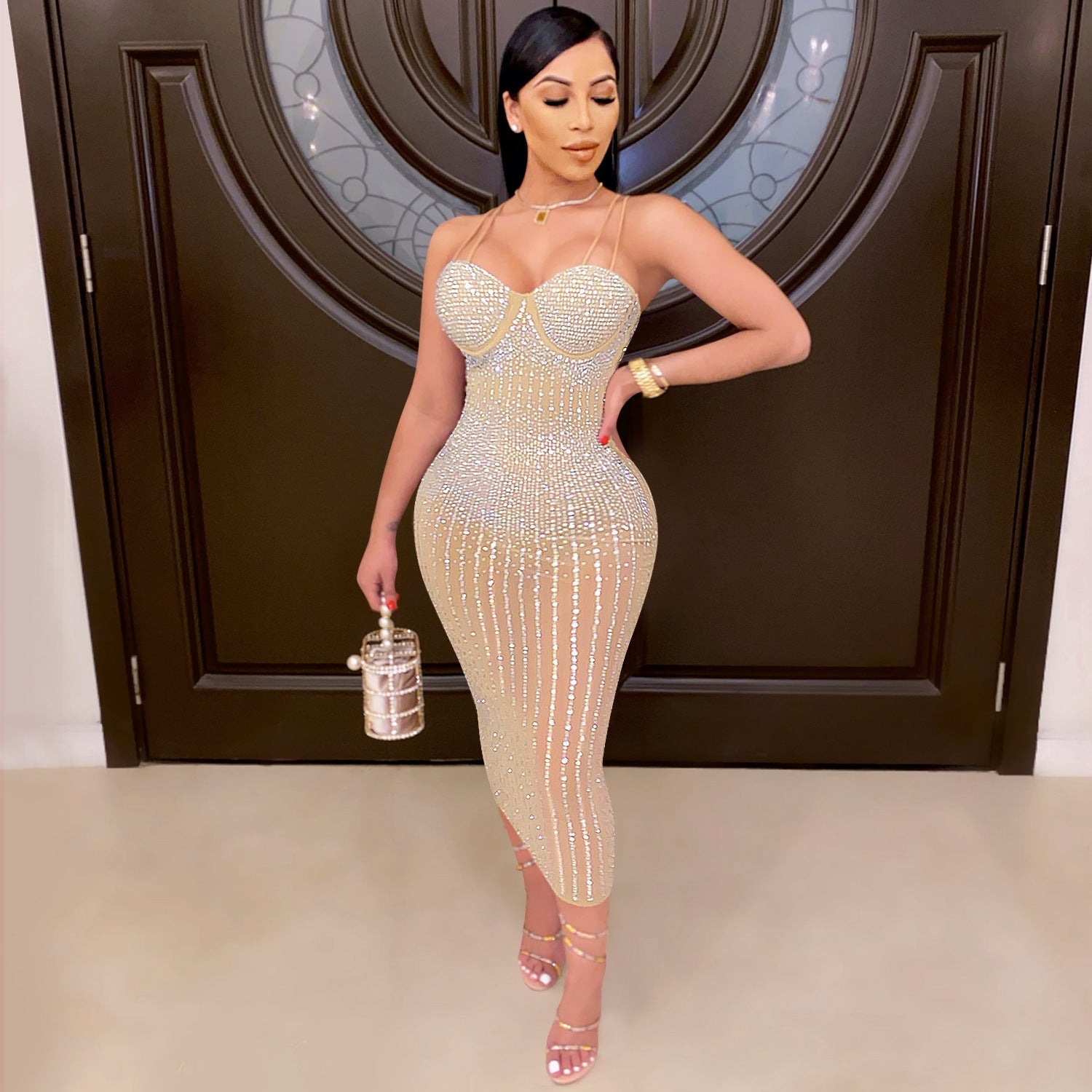 Women Wear Party Nightclub Mesh See through Rhinestone Diamond Strap Dress by Ragazza