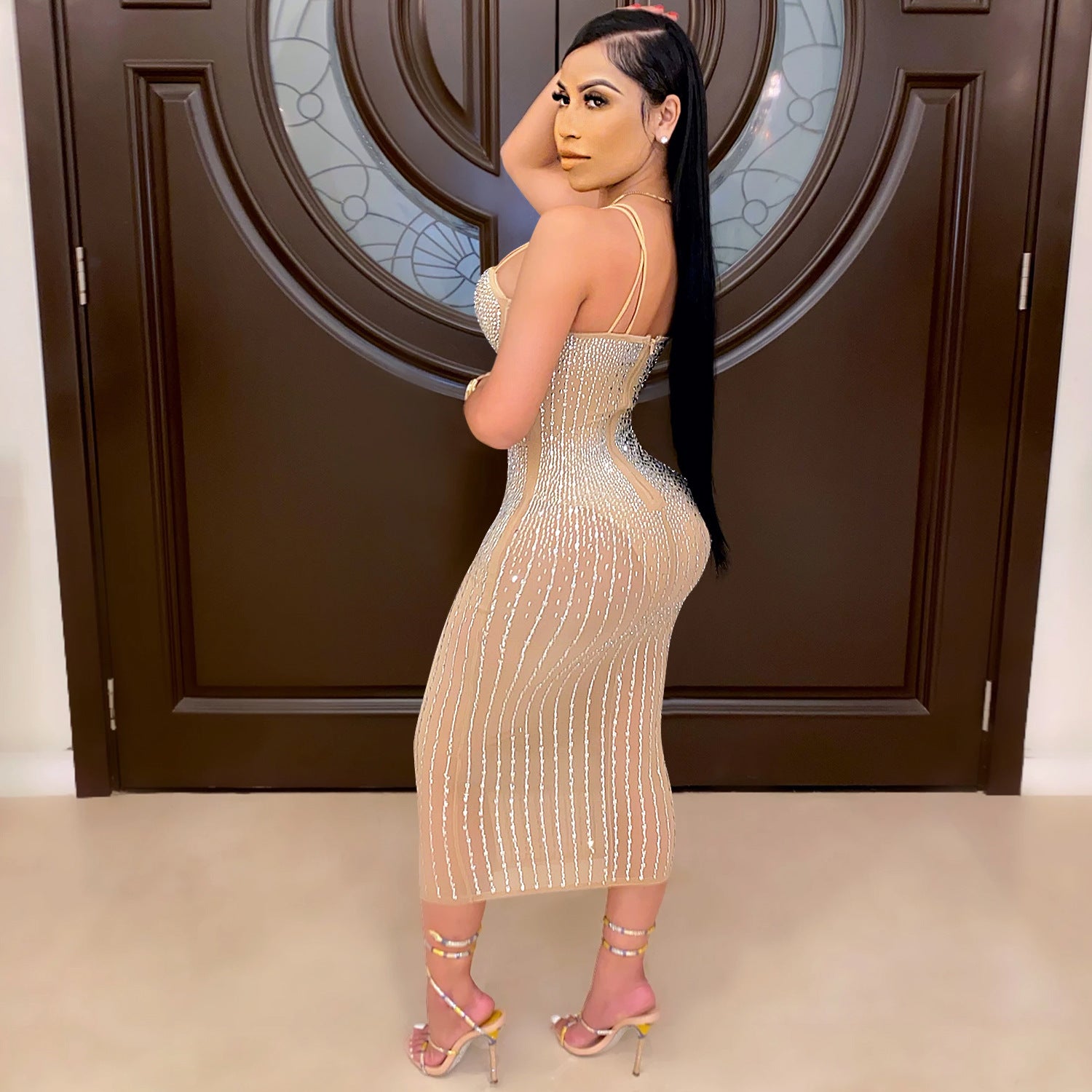 Women Wear Party Nightclub Mesh See through Rhinestone Diamond Strap Dress by Ragazza