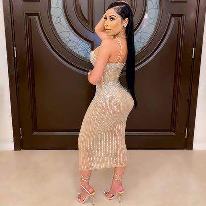 Women Wear Party Nightclub Mesh See through Rhinestone Diamond Strap Dress by Ragazza