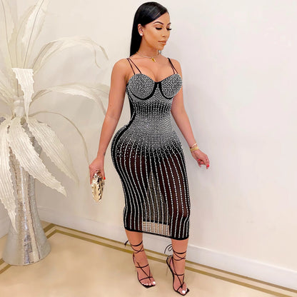 Women Wear Party Nightclub Mesh See through Rhinestone Diamond Strap Dress by Ragazza