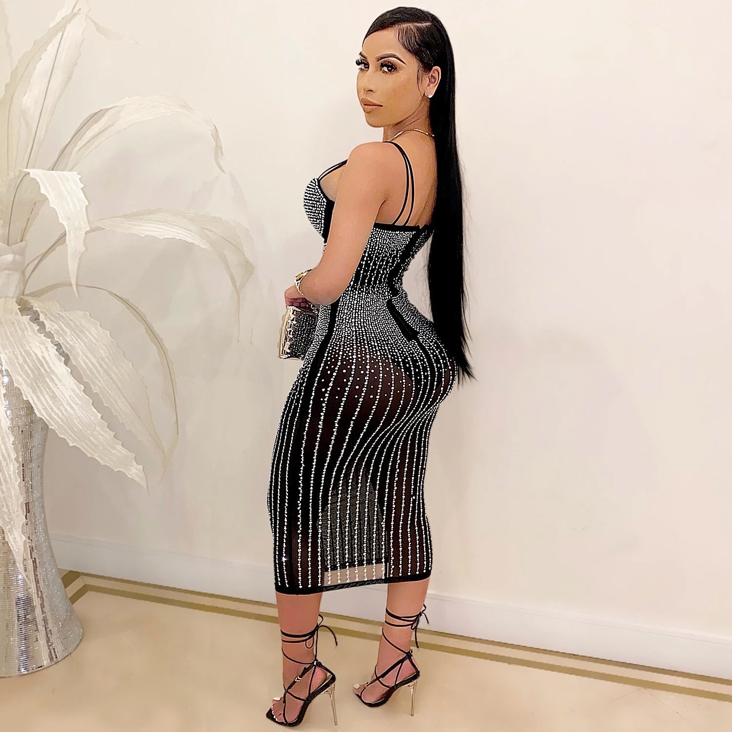 Women Wear Party Nightclub Mesh See through Rhinestone Diamond Strap Dress by Ragazza