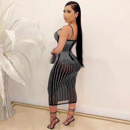 Women Wear Party Nightclub Mesh See through Rhinestone Diamond Strap Dress by Ragazza