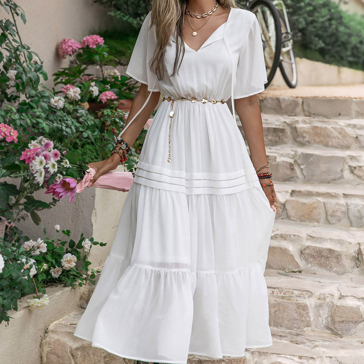 Mixed Elegant Princess French Royal Pure White Waist Drawstring Slimming Nightdress Dress by Ragazza