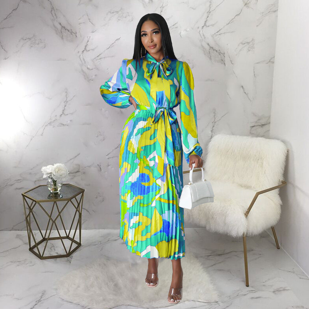 Women Clothing Lace up Long Sleeve Printed Pleated Dress by Ragazza