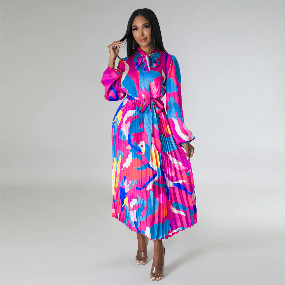 Women Clothing Lace up Long Sleeve Printed Pleated Dress by Ragazza