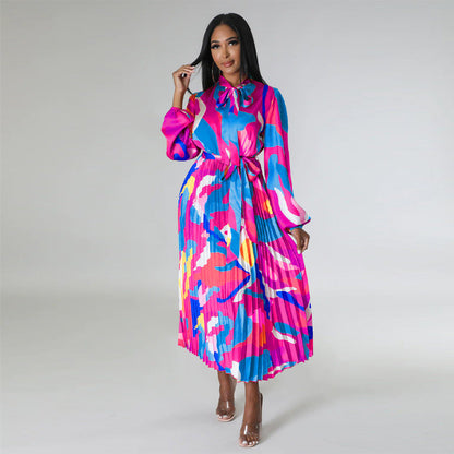 Women Clothing Lace up Long Sleeve Printed Pleated Dress by Ragazza