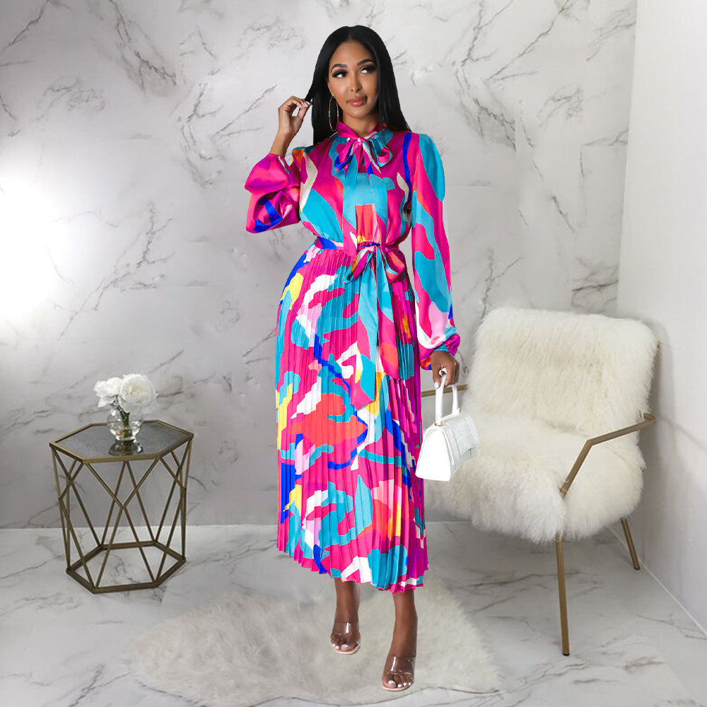 Women Clothing Lace up Long Sleeve Printed Pleated Dress by Ragazza