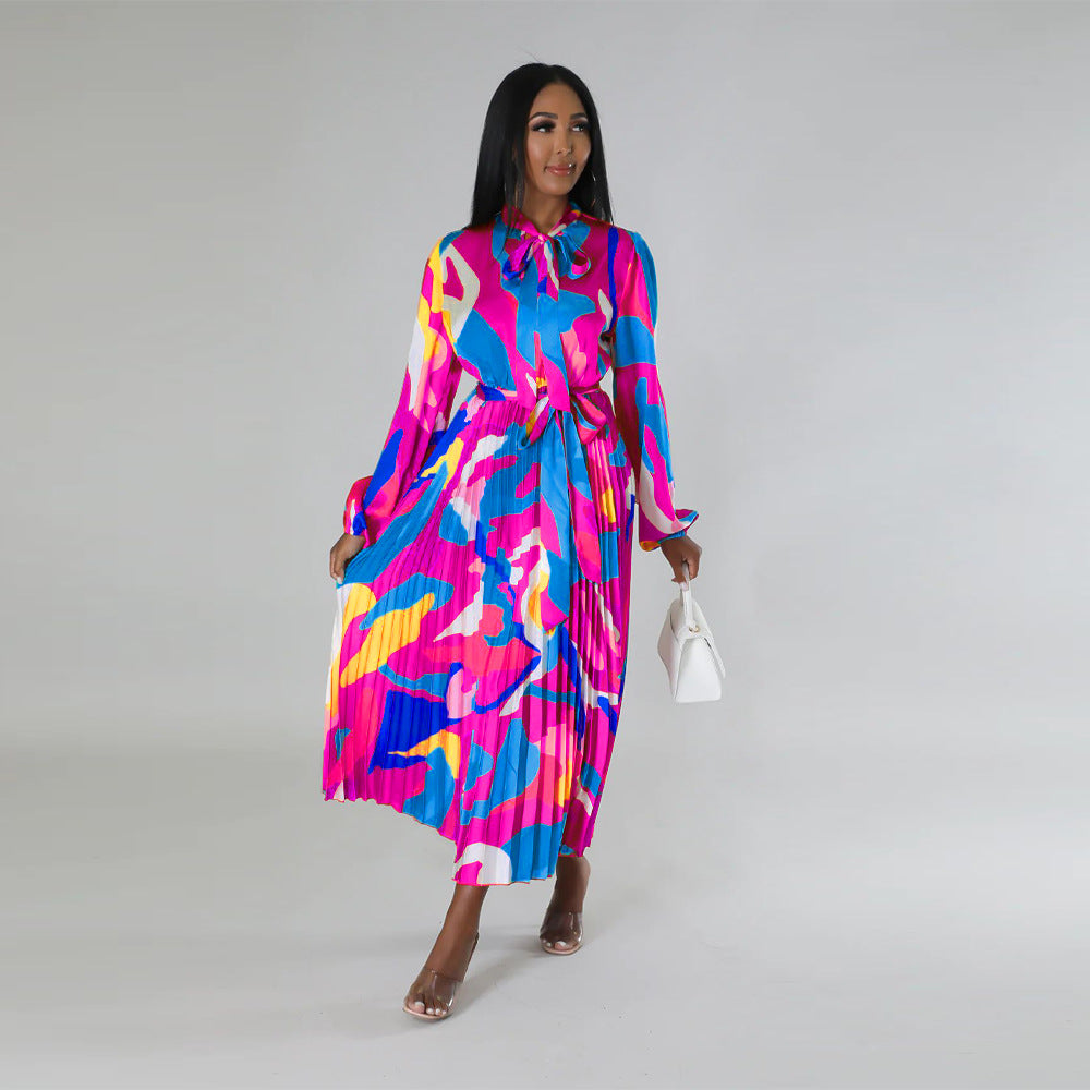 Women Clothing Lace up Long Sleeve Printed Pleated Dress by Ragazza