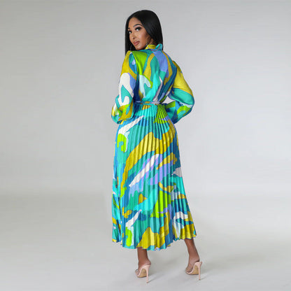 Women Clothing Lace up Long Sleeve Printed Pleated Dress by Ragazza