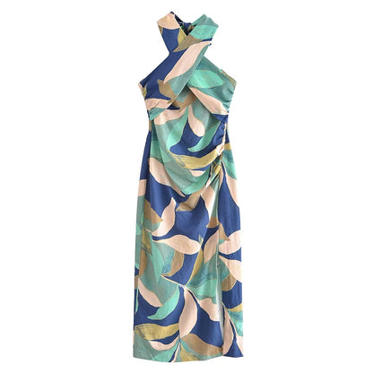 Summer Women Clothing Linen Blended Printed Midi Dress Dress by Ragazza