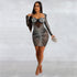 Women Solid Mesh Rhinestone Long Sleeve Short Dress by Ragazza