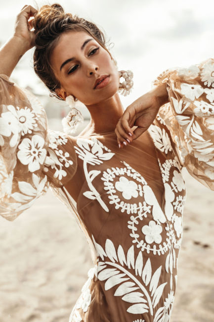 Women Clothing Deep V Plunge Mesh Embroidered Puff Sleeve Backless Dress by Ragazza