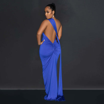 Women Wear Solid Color Backless Pleated Irregular Asymmetric Maxi Dress Women by Ragazza