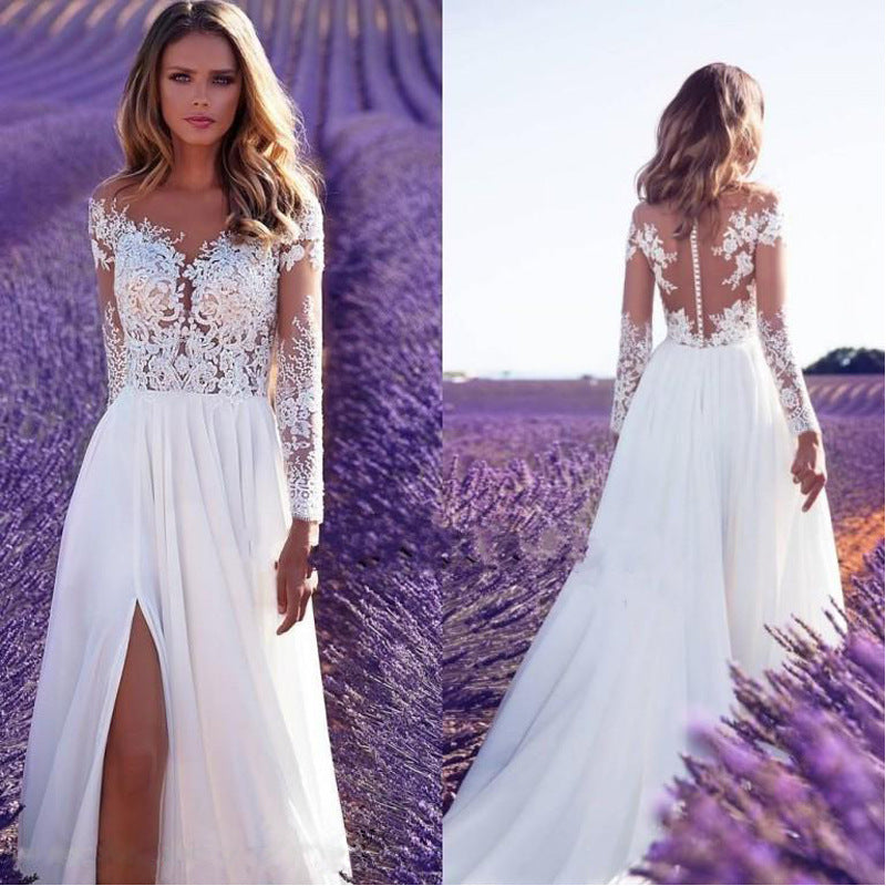 Women Clothing Long Sleeve See Through Lace Wedding Dress Bridesmaid Dress Split Dress by Ragazza