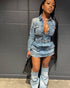 Women Sexy Multi Pocket Washed Denim Dress Three Piece Set Including Trousers by Ragazza